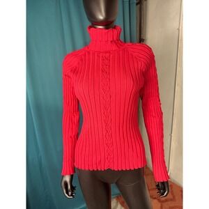 Willi‎ Smith Red Ribbed Knit Turtleneck Sweater Cable Knit Detail XL